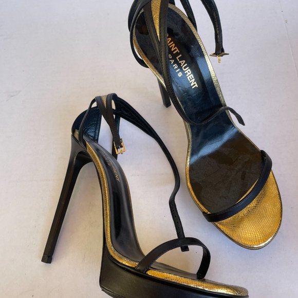 Saint Laurent Paris Platform Sandals 39.5 Gold/Black Leather Thin Ankle Strap - Picture 7 of 10